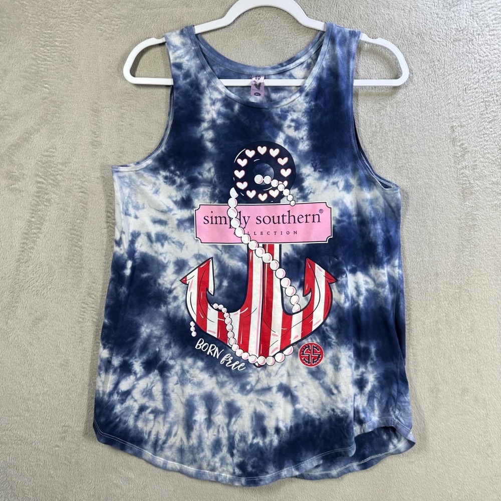 Simply Southern Blue Tie Dye Anchor Graphic Tank Top Born Free Sz XL Patriotic
